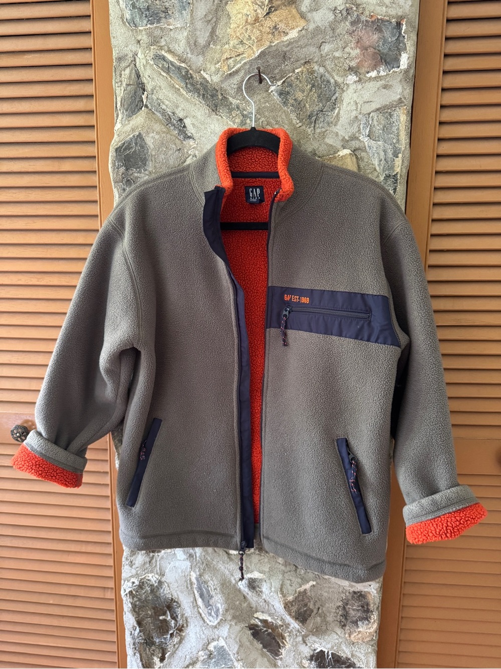 GAP Kids Olive Fleece Jacket with Bright Orange Sherpa Lining